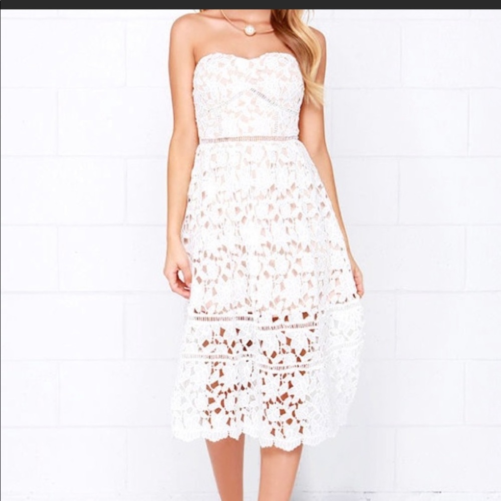 Lulus Pinnacle of Prestige Ivory Lace Strapless MIDI Dress.